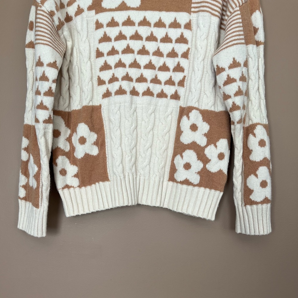 {&merci} Knit Patchwork Sweater with Floral and Cable Knit Design - Womens Small - Picture 4 of 10
